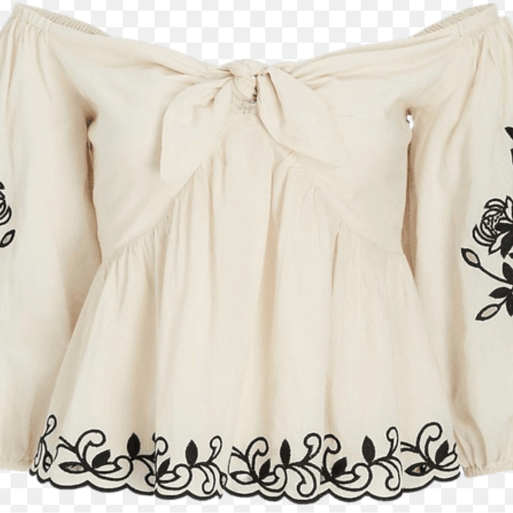 Express Cream Off-Shoulder Peasant Blouse with Black Embroidery